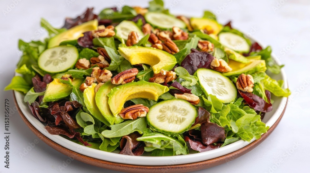 Fresh and Colorful Salad with Avocado, Cucumber, Pecans on a White Plate Against a Light Background for Healthy Eating and Nutrition Concepts Fresh and Colorful Salad with Avocado, Cucumber, Pecans on a White Plate Against a Light Background for Healthy Eating and Nutrition Concepts
