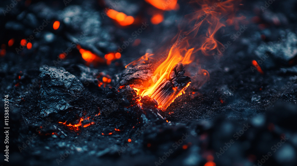 Flames erupt from glowing embers in a volcanic landscape during twilight hours Flames erupt from glowing embers in a volcanic landscape during twilight hours