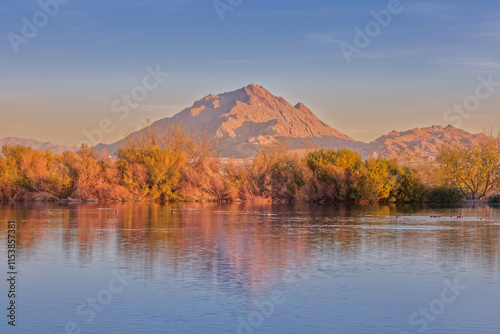 Las Vegas Valley's Frenchman Mountain Reflected in Pond in the Morning
