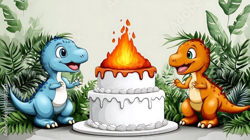 Two cute dinosaurs celebrating birthday with flaming cake.