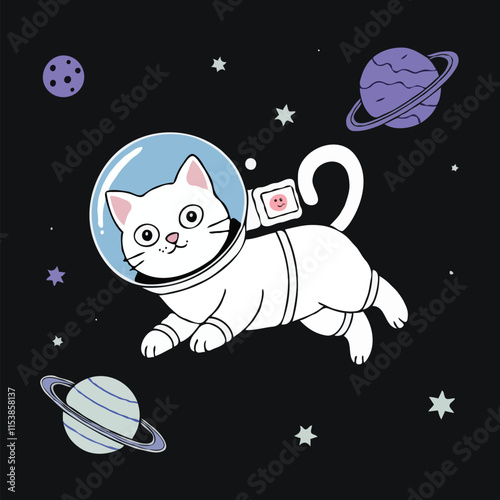 A cat wearing an astronaut helmet floating in space with planets and stars.