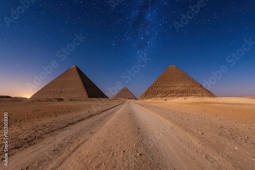 An enchanting view of the famous Egyptian pyramids illuminated by the ethereal glow of a star-studded night sky, captivating in its beauty and grandeur. photo