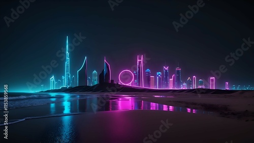 illustration of Dubai city skyline at night with bright neon colors