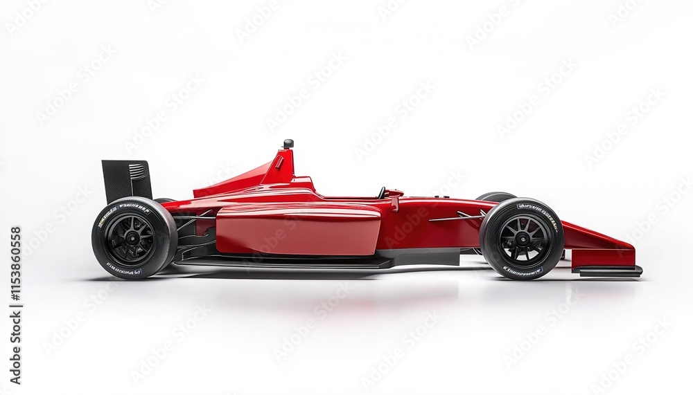 A red Formula race car with black wheels, on a white background, in a side view. A red Formula race car with black wheels, on a white background, in a side view.