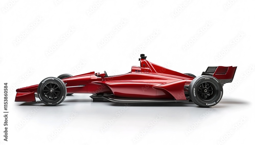 A red Formula race car with black wheels, on a white background, in a side view. A red Formula race car with black wheels, on a white background, in a side view.