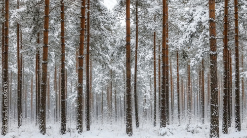 Dense pine trees covered in snow during a winter day in the forest , Generative ai photo