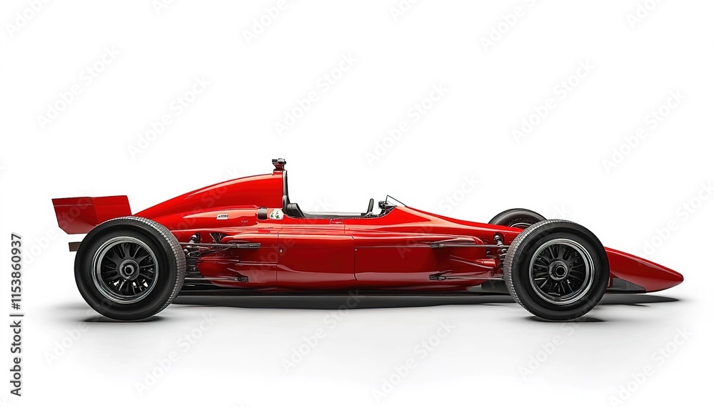 A red Formula race car with black wheels, on a white background, in a side view. A red Formula race car with black wheels, on a white background, in a side view.