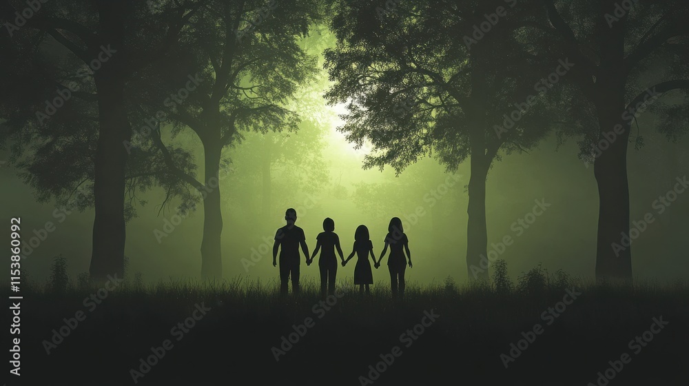 Silhouetted Figures Holding Hands in a Mysterious Foggy Forest Surrounded by Lush Green Trees and Soft Ambient Light Silhouetted Figures Holding Hands in a Mysterious Foggy Forest Surrounded by Lush Green Trees and Soft Ambient Light