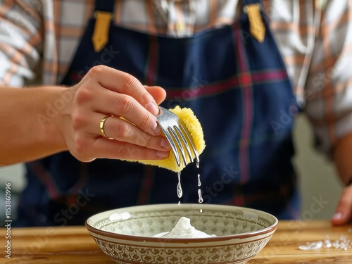 A person is using a fork to dip a piece of bread into a bowl of water. The water is dripping from the fork, and the person is wearing an apron. The scene is casual and relaxed photo