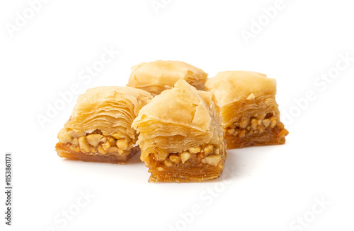 Baklava Isolated, Small Ramadan Dessert, Eastern Sweet Filo Pastries, Turkish Honey Baklawa, Oriental Desert photo