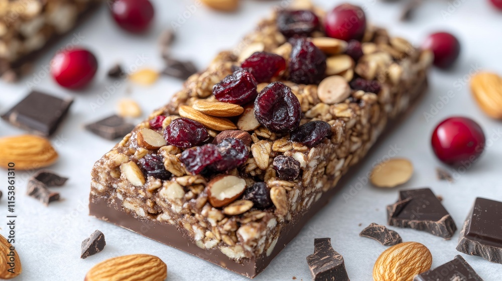 Gourmet granola bar with almonds, dark chocolate, and dried cranberries Gourmet granola bar with almonds, dark chocolate, and dried cranberries