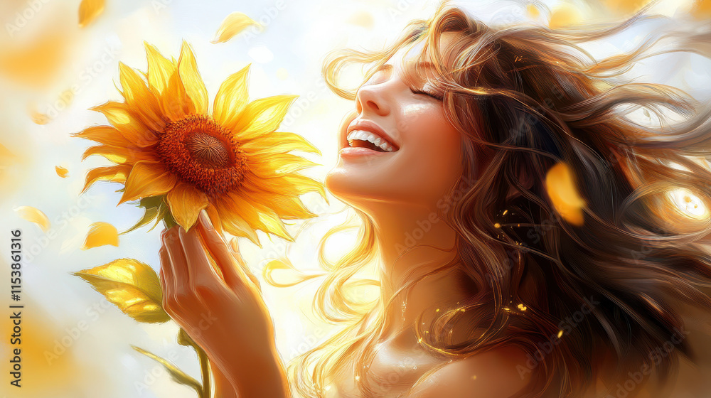 An elegant depiction of a woman laughing joyfully while holding a golden sunflower, petals glowing under soft sunlight, flowing hair highlighted by soft gold streaks, white background with stark contr An elegant depiction of a woman laughing joyfully while holding a golden sunflower, petals glowing under soft sunlight, flowing hair highlighted by soft gold streaks, white background with stark contr