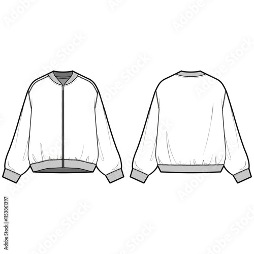 
Technical flat sketch of Oversized Bomber Jacket. Front zip up loose fit outer with rib trim and shirring details. 