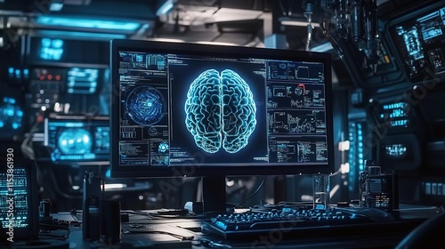 Wallpaper Mural A computer monitor displays an AI brain with multiple segments, surrounded by medical equipment and digital screens in the background Torontodigital.ca