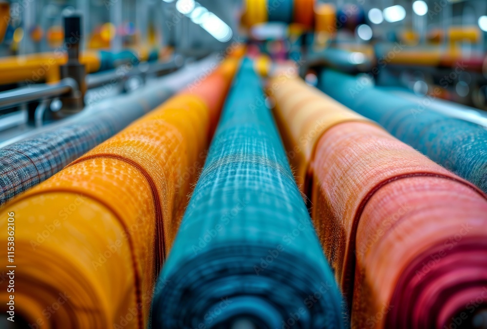 Colorful textile rolls in factory. Close-up of colorful textile rolls in a modern textile factory.