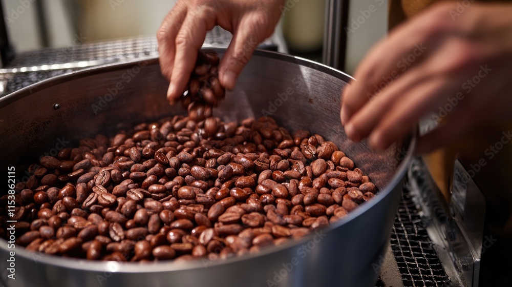 Hands Adding Roasted Coffee Beans to a Metal Bowl Hands Adding Roasted Coffee Beans to a Metal Bowl
