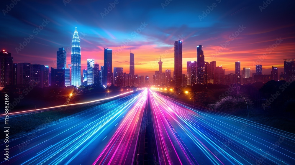 Fototapeta premium Vibrant city skyline at sunset with light trails on highway.