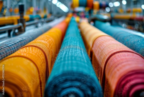 Obraz na płótnie Colorful textile rolls in factory. Close-up of colorful textile rolls in a modern textile factory. w salonie