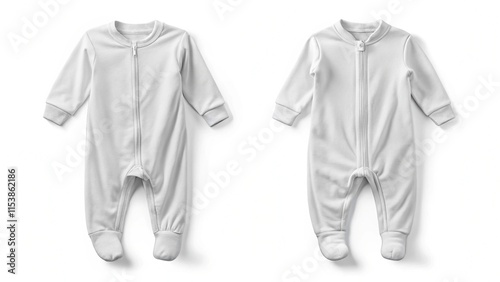Blank white baby zip-up sleepsuit mockup, front and back view
 photo
