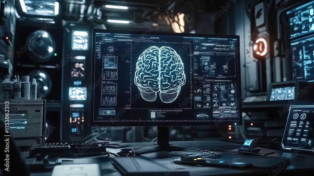 A computer monitor displays an AI brain with multiple segments, surrounded by medical equipment and digital screens in the background A computer monitor displays an AI brain with multiple segments, surrounded by medical equipment and digital screens in the background