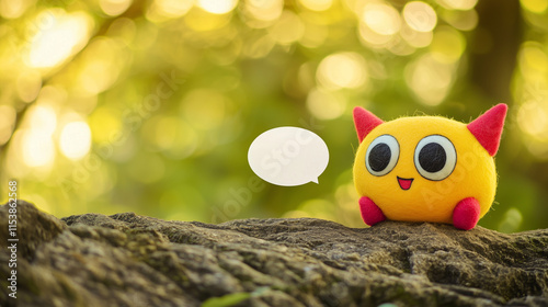 a happy monster made of felt, with a speech bubble photo