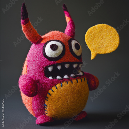 a happy monster made of felt, with a speech bubble photo