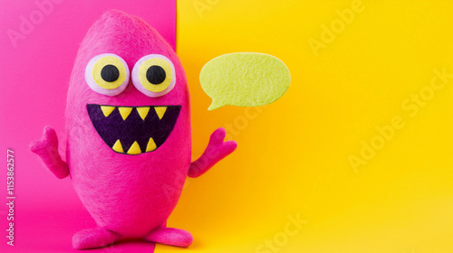 a happy monster made of felt, with a speech bubble, isolated on yellow photo