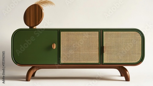 Mid-century modern sideboard with green painted cabinet, cane doors, and wooden legs.