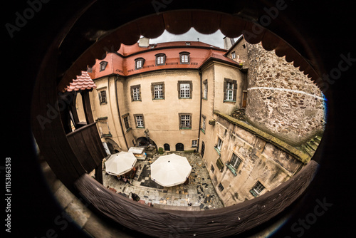 courtyard of a medieval castle seen with a fisheye lens