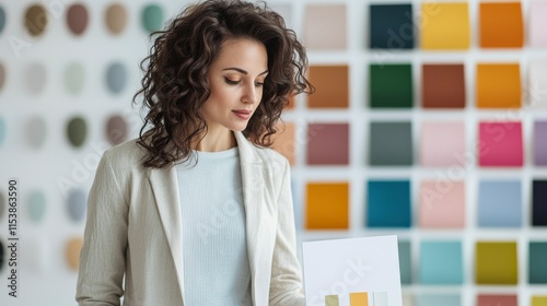 Professional woman examining color palette in modern studio surrounded by vibrant paint samples in organized display, showcasing creativity in design and art selection.