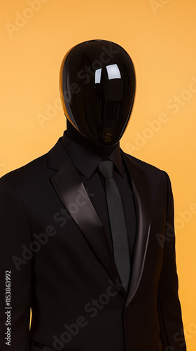 AI Robot wearing a suit, servant, person wearing a mask on yellow background photo