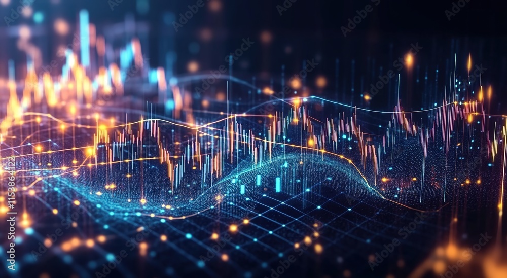 Fototapeta premium A digital landscape of glowing data points and graphs, representing the advanced technology behind AI financial analytics.