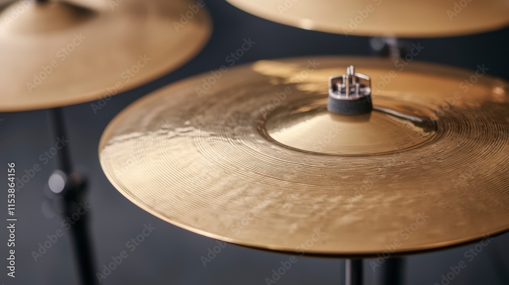 Close-up View of Polished Drum Cymbals Reflecting Light in a Music Studio Setting, Capturing the Intricate Details and Textures of Quality Instrumentation Close-up View of Polished Drum Cymbals Reflecting Light in a Music Studio Setting, Capturing the Intricate Details and Textures of Quality Instrumentation