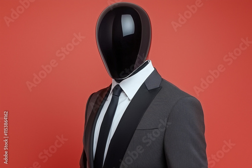 AI Robot wearing a suit, servant, person wearing a mask on red background photo