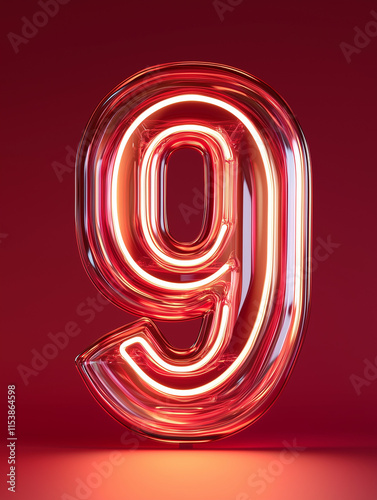 Number nine made of shiny 3d neon lights glass shape, Number 9, Isolated on red background photo