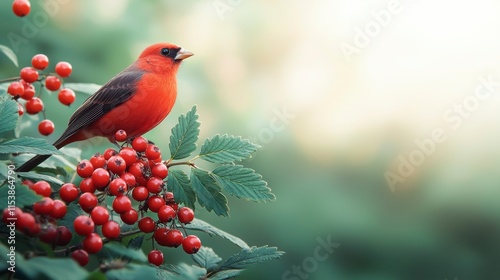 Vibrant Scarlet Tanager Perched on Scarlet Berries Among Lush Green Leaves in a Softly Blurred Natural Background, Capturing the Beauty of Nature's Colors photo