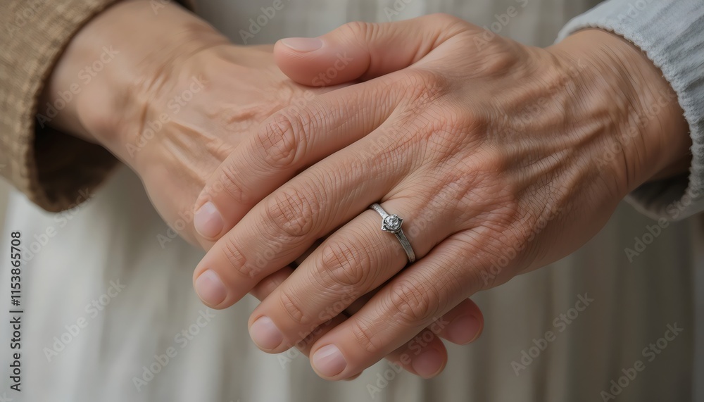 Close-up of Two Elderly Hands Clasped Together, Wearing Wedding Rings: A Tender Gesture of Affection, Love, and Support, Symbolizing Enduring Partnership and Emotional Connection Close-up of Two Elderly Hands Clasped Together, Wearing Wedding Rings: A Tender Gesture of Affection, Love, and Support, Symbolizing Enduring Partnership and Emotional Connection