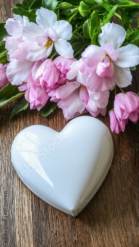 Elegant Pink and White Peonies with Romantic Heart Box against Dark Wooden Surface with Copy Space
