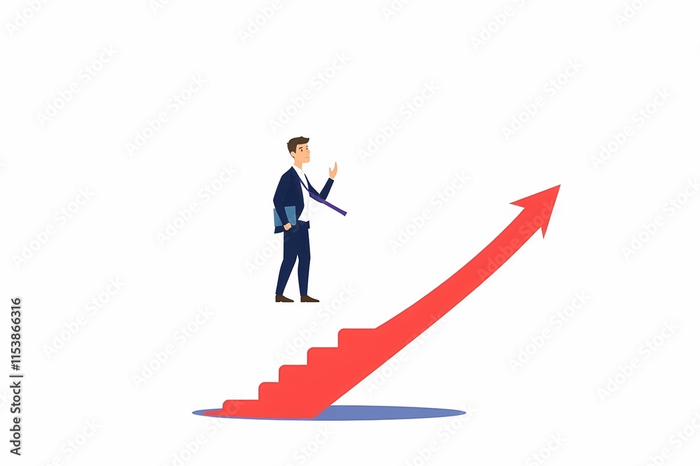 Businessman Ascending Upward: A confident businessman with a briefcase walks up a red arrow-shaped staircase, symbolizing growth and advancement. The upward trajectory signifies progress, ambition. Businessman Ascending Upward: A confident businessman with a briefcase walks up a red arrow-shaped staircase, symbolizing growth and advancement. The upward trajectory signifies progress, ambition.