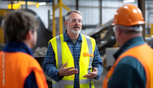A factory manager discusses safety protocols with team members in a vibrant industrial setting.