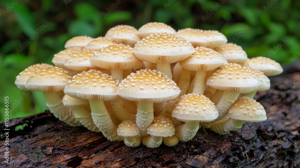 Close-Up View of Cluster of Yellowish Mushrooms Growing on a Fallen Tree Trunk in a Lush Green Forest, Showcasing Nature's Intricate Beauty and Biodiversity Close-Up View of Cluster of Yellowish Mushrooms Growing on a Fallen Tree Trunk in a Lush Green Forest, Showcasing Nature's Intricate Beauty and Biodiversity