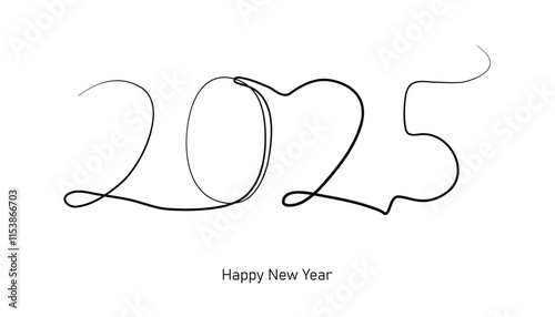 2025 happy new year one line drawing. hand drawn single line vector illustration. single continuous one line lettering