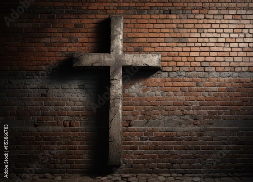 Dark cross etched on aged brick, shadows accentuate texture,  wall,  gothic