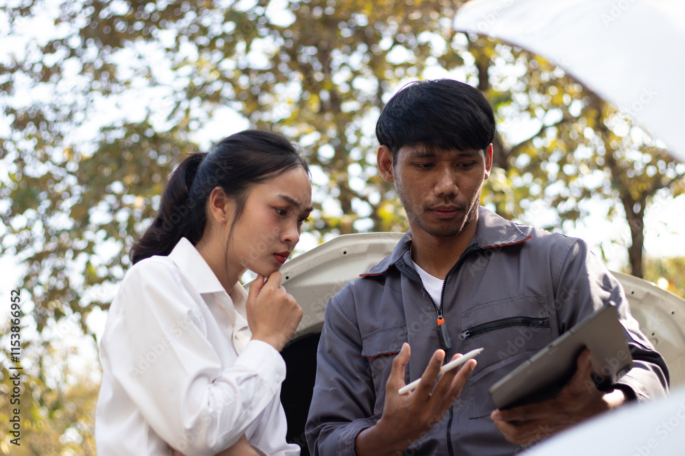 Young man with Asian car insurance representative and female car owner Young man with Asian car insurance representative and female car owner