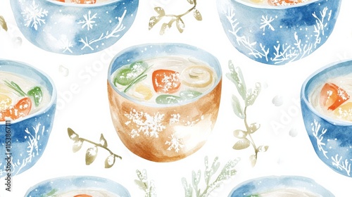 Boho winter pattern of snow-dusted tom yum soup bowls, soft blue and earthy watercolor, isolated on white background photo