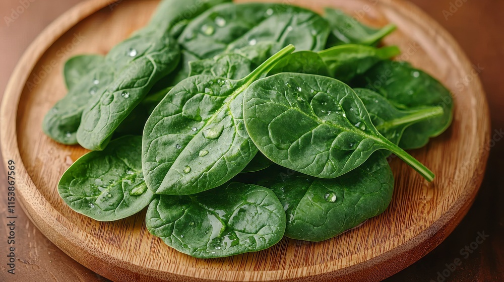 Fresh Green Spinach Leaves on a Wooden Plate with Water Droplets, Ideal for Healthy Cooking and Nutrition-Focused Food Photography