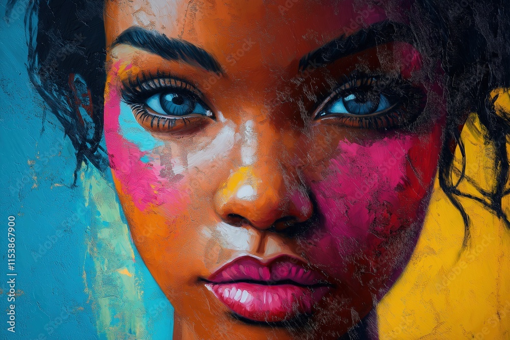Modern vibrant portrait showcasing emotional depth and captivating beauty against a colorful backdrop