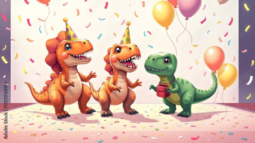 Fototapeta premium Cute Dinosaur Party Illustration - Pastel Background, Confetti, Balloons