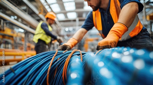 Worker Handling Electrical Cables in a Warehouse photo