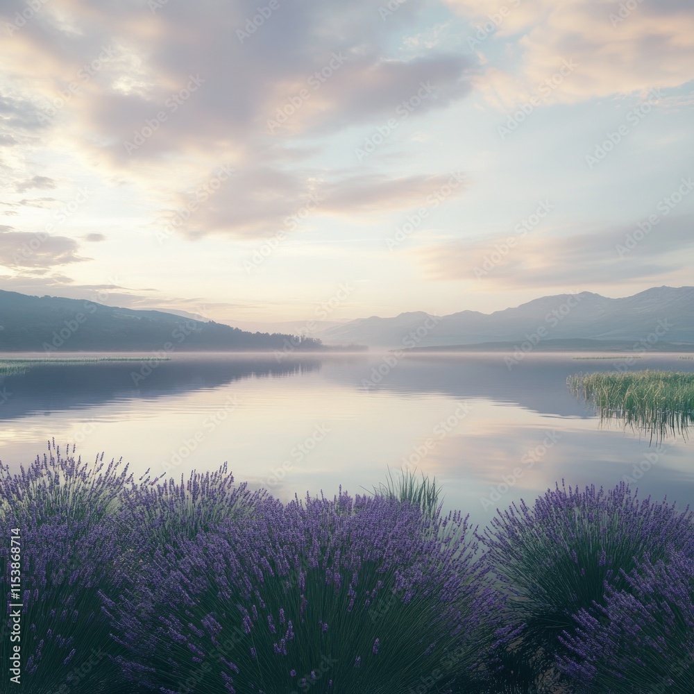Serene sunrise over calm lake with lavender. Serene sunrise over calm lake with lavender.